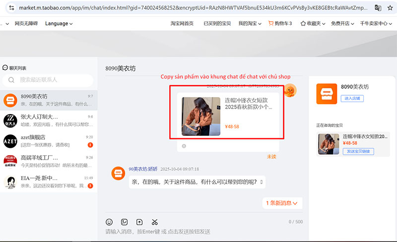Copy sản phẩm vào khung chat