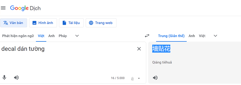 Sử dụng Google dịch để dịch từ khóa sản phẩm sang tiếng Trung
