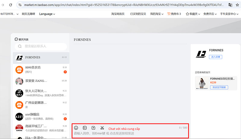 Giao diện trò chuyện trực tiếp với shop Taobao
