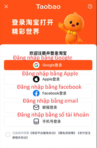 Chọn hình thức đăng nhập, đăng ký mình cần