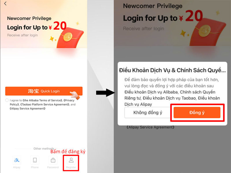 Bấm “Register” sau đó bấm chọn “Đồng ý” để đồng ý với điều khoản