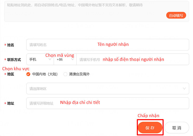 Hoàn thiện thông tin người nhận và địa chỉ nhận hàng