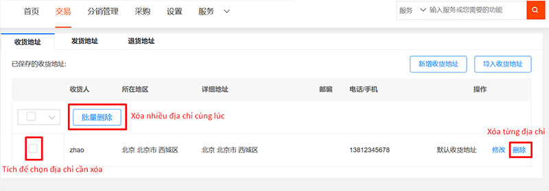 Xóa địa chỉ giao hàng không mong muốn.