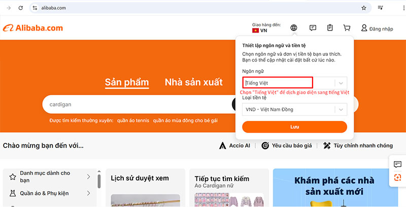 Chọn giao diện tiếng Việt để sử dụng dễ dàng