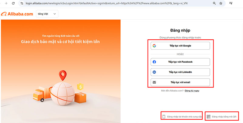 Các cách đăng ký, đăng nhập vào Alibaba