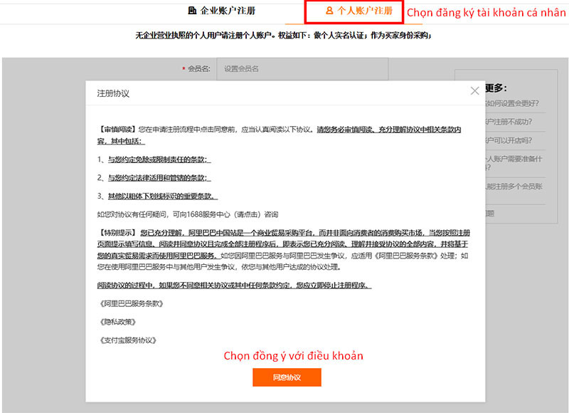 Bạn tích chọn đăng ký tài khoản cá nhân rồi đồng ý các điều khoản