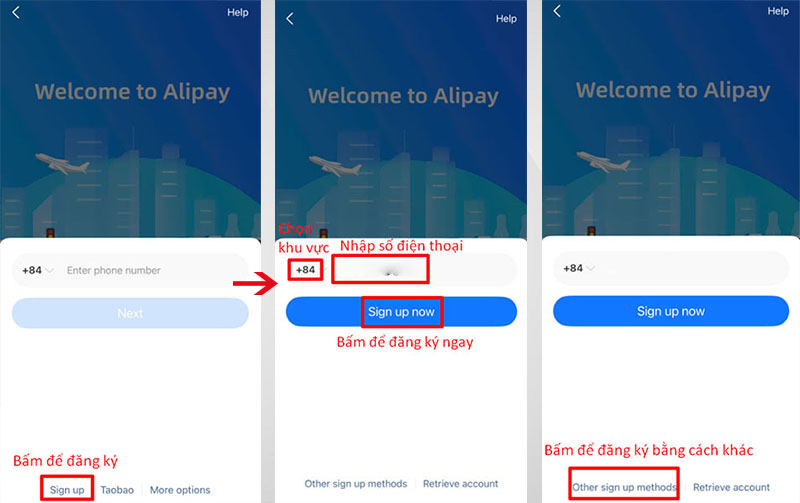 Bấm vào “Sign up” để đăng ký tài khoản Alipay