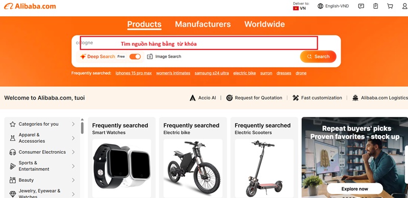 Tìm kiếm hàng giá sẻ trên Alibaba qua từ khóa