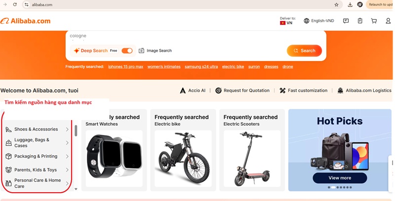 Tìm kiếm nguồn hàng trên Alibaba qua danh mục