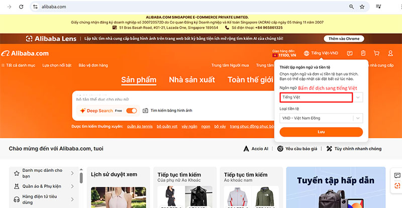 Click vào ngôn ngữ English – USD ở phía trên giao diện rồi chọn tiếng Việt