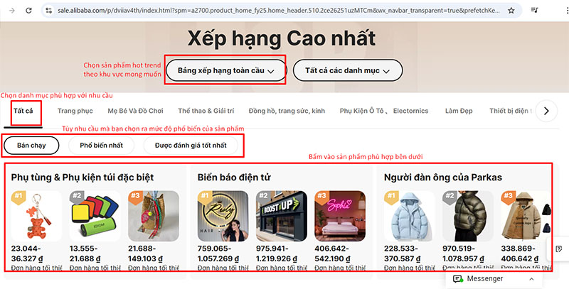Lựa chọn các tùy chọn phù hợp để tìm sản phẩm hot trend trên Alibaba