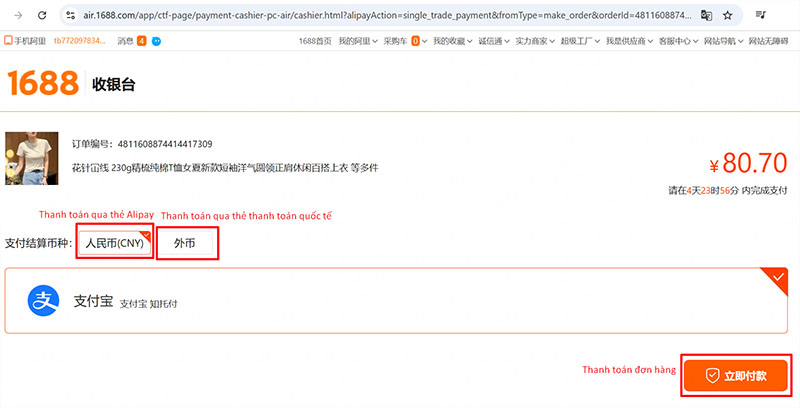 Chọn phương thức thanh toán và bấm vào ô màu cam