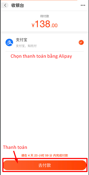 Chọn thanh toán qua Alipay và bấm vào “Thanh toán” là xong