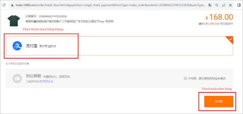 Chọn thanh toán bằng Alipay và thanh toán đơn hàng