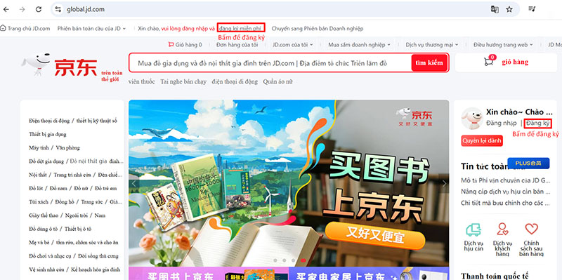 Chọn đăng ký để tạo tài khoản trên JD