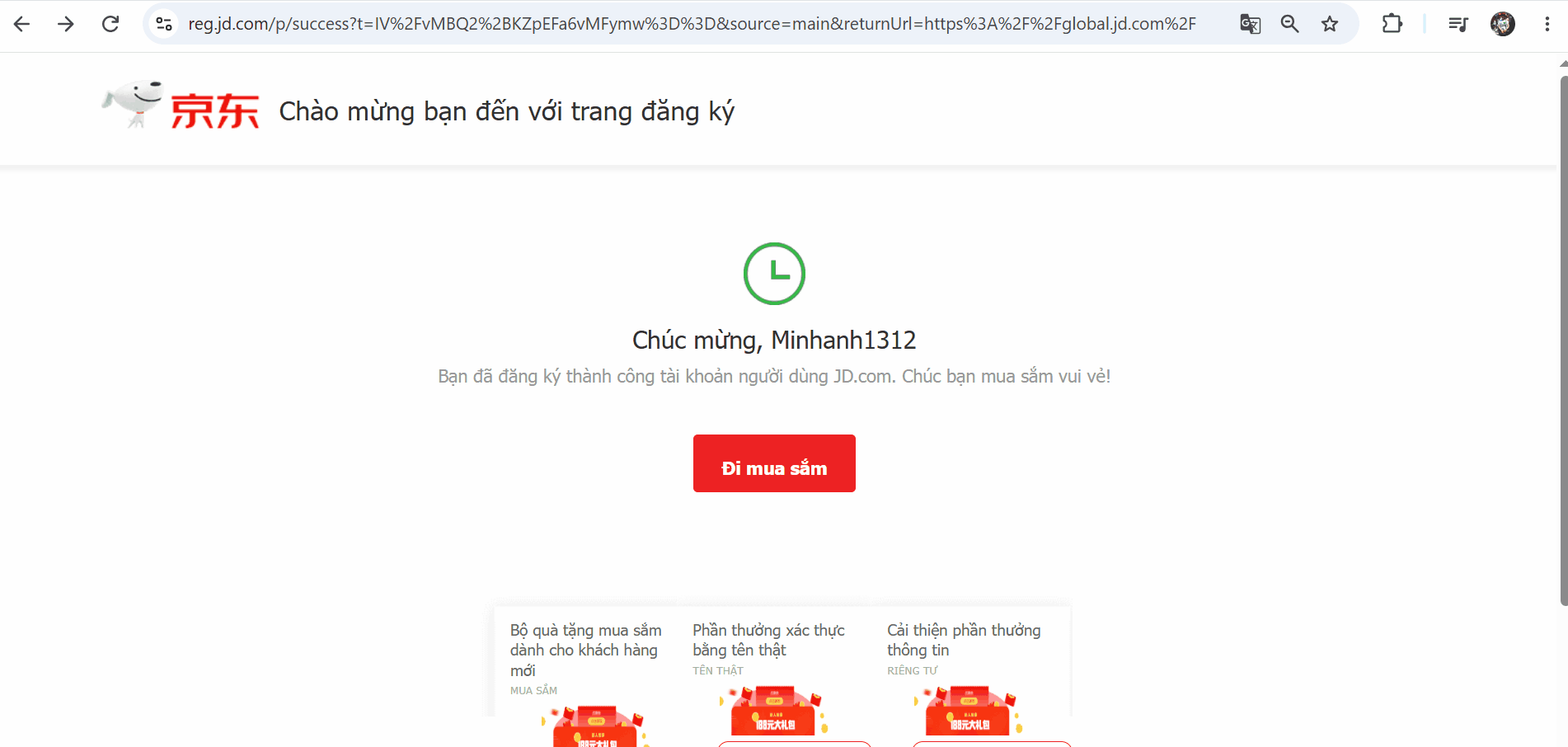giao diện đăng ký tài khoản thành công