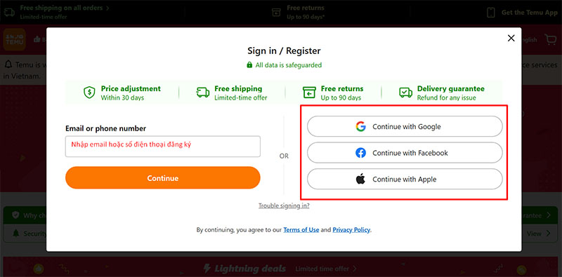 Chọn cách tạo tài khoản Temu