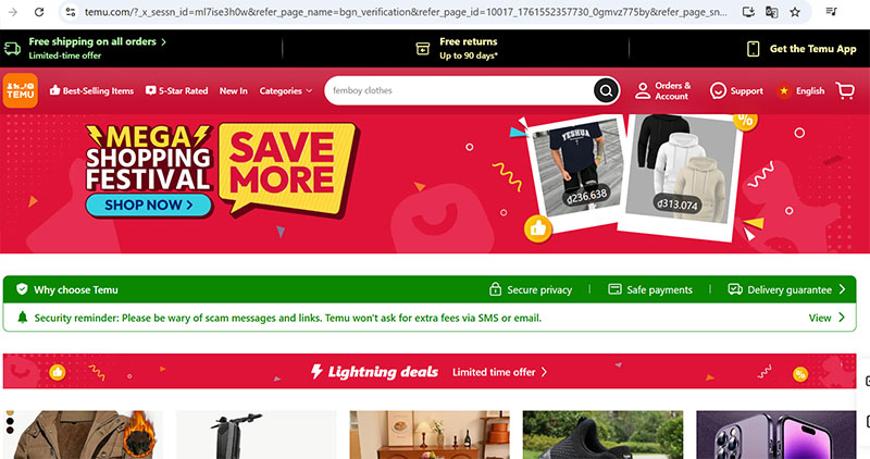 Giao diện trang TMĐT Temu