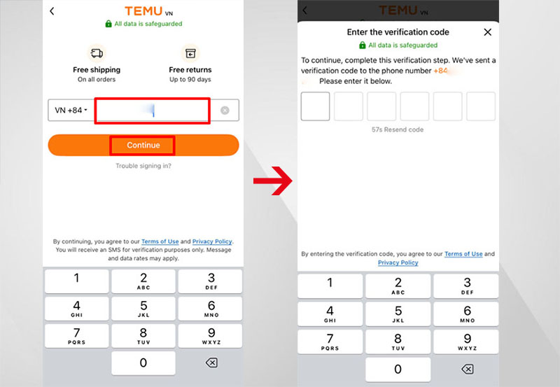 Nhập số điện thoại, mã code để hoàn tất quá trình đăng ký tài khoản qua app