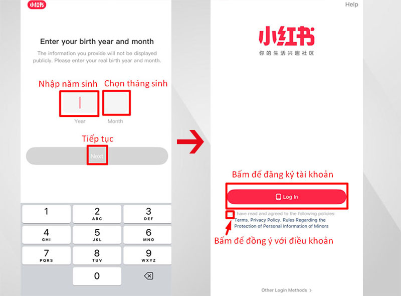 Tiến hành đăng ký tài khoản trên app Xiaohongshu