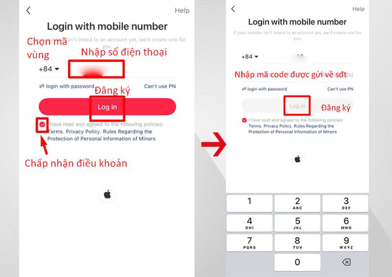 Nhập số điện thoại, mã code và “Log in” để đăng ký