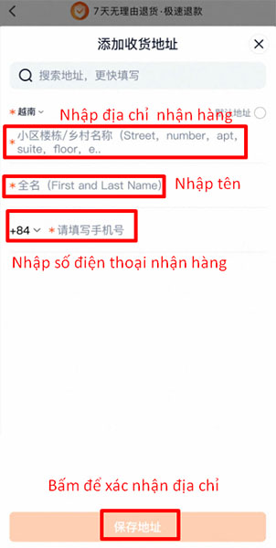 Nhập địa chỉ, tên, số điện thoại nhận hàng
