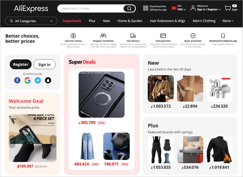 Giao diện web Aliexpress