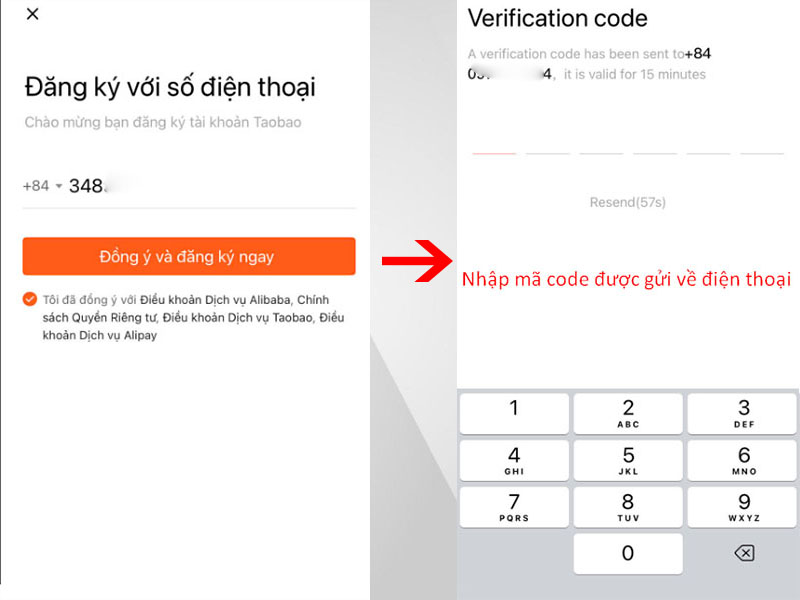 Chọn mã vùng, nhập số điện thoại đăng ký rồi nhập mật mã nhận được