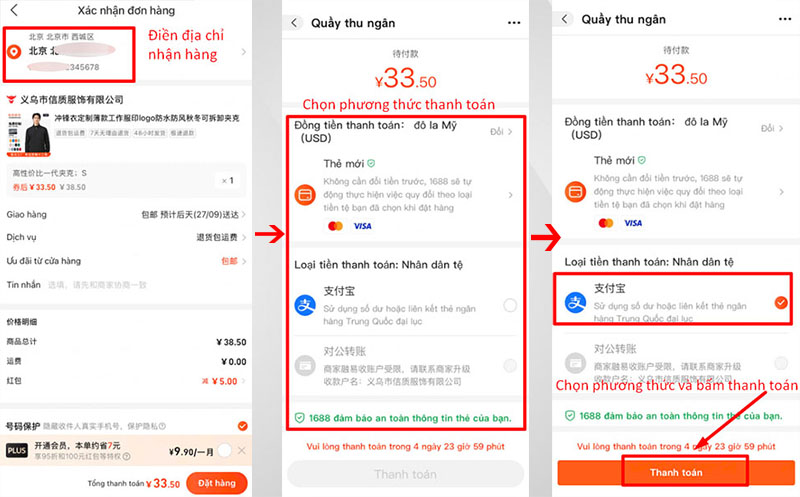 Điền thông tin nhận hàng, chọn phương thức thanh toán và thanh toán