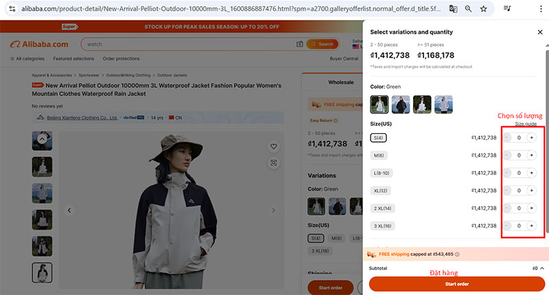 Chọn số lượng để đặt mua hàng