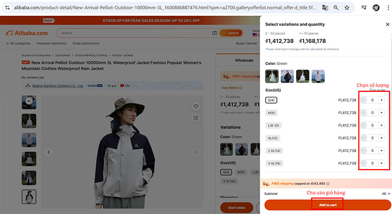 Chọn số lượng và cho vào giỏ hàng