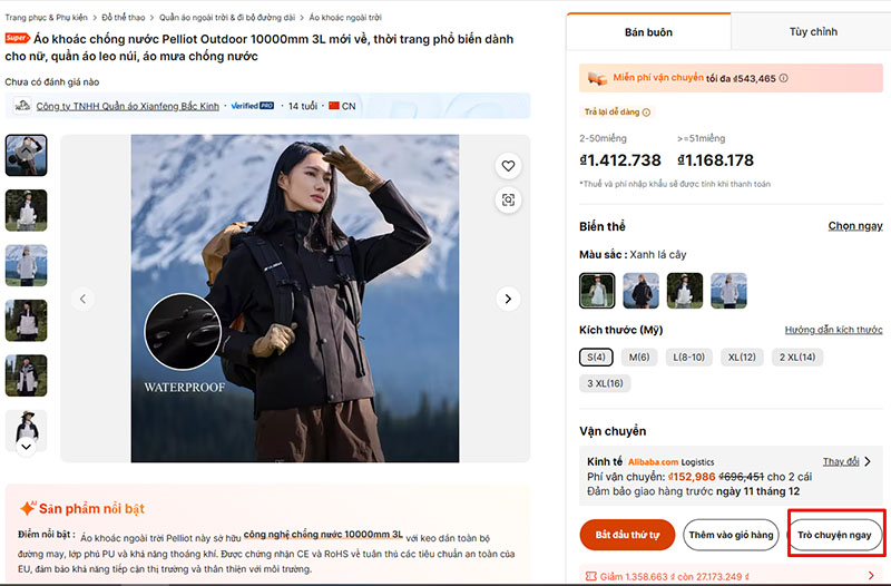 Chat với nhà cung cấp bằng cách bấm vào ô "Trò chuyện ngay"