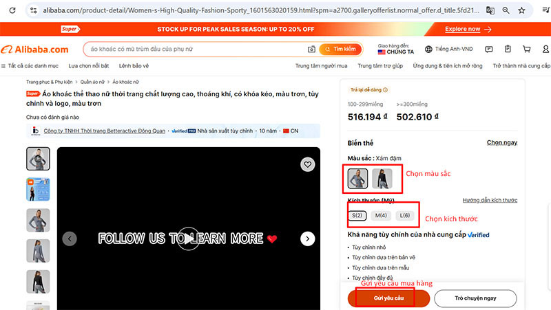 Chọn màu sắc, kích thước và gửi yêu cầu thương lượng với nhà cung cấp