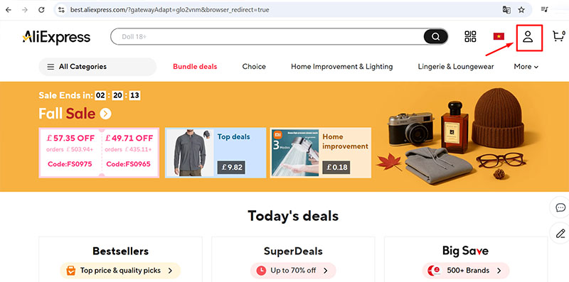 Truy cập vào trang Aliexpress và chọn biểu tượng đăng ký/đăng nhập