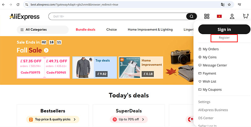 Click vào đăng ký tài khoản