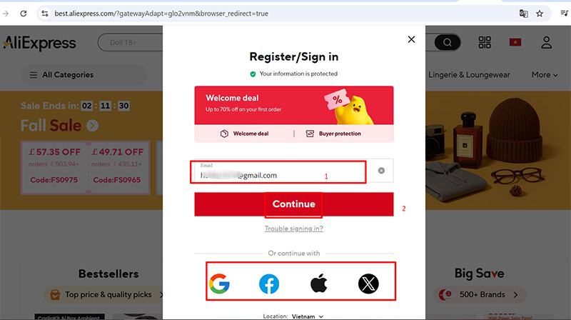 Nhập email để đăng ký, đăng nhập sau đó bấm “Continue”