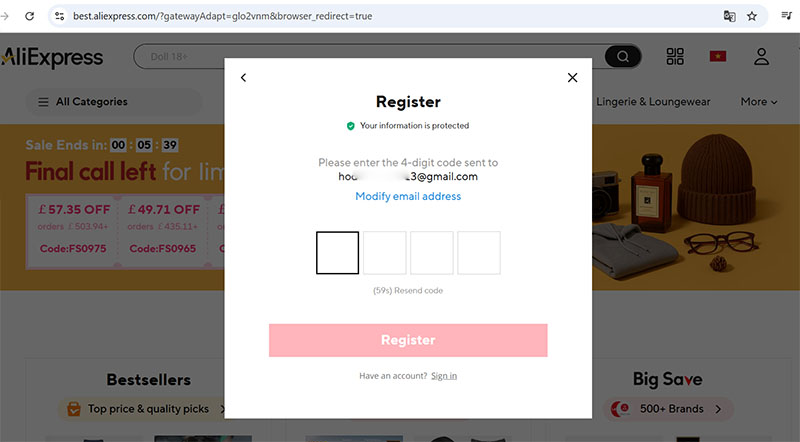 Nhập mã code được gửi đến email sau đó bấm “Register