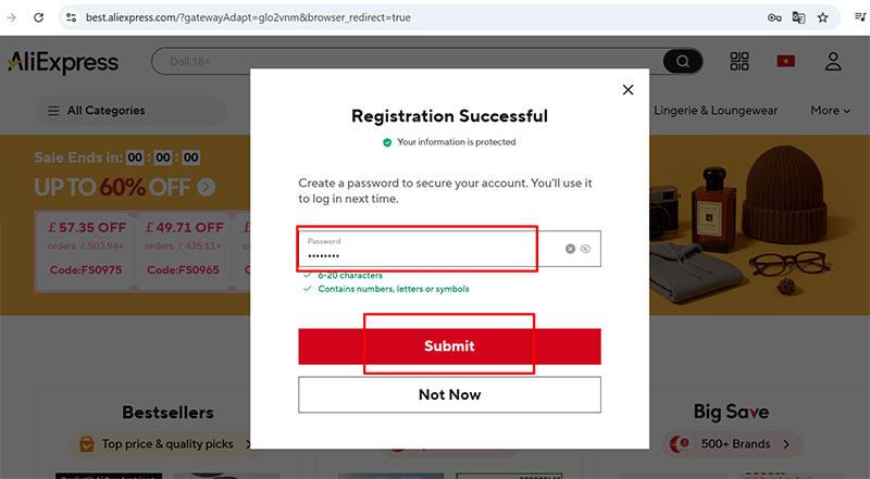 Đăng ký thành công, nhập mật khẩu để đăng nhập tài khoản cho lần sau.