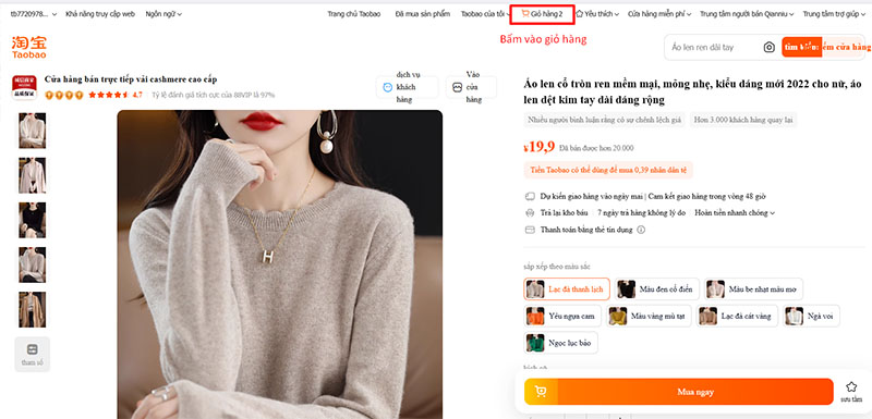 Truy cập vào giỏ hàng của Taobao