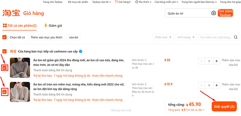 Tiến hành đặt hàng trên Taobao