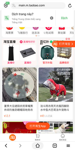 Mở taobao trên điện thoại qua trình duyệt