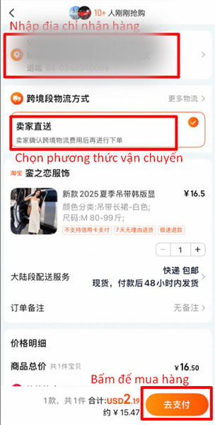 Nhập địa chỉ nhận hàng, chọn phương thức vận chuyển