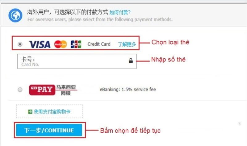 Chọn thanh toán bằng thẻ quốc tế