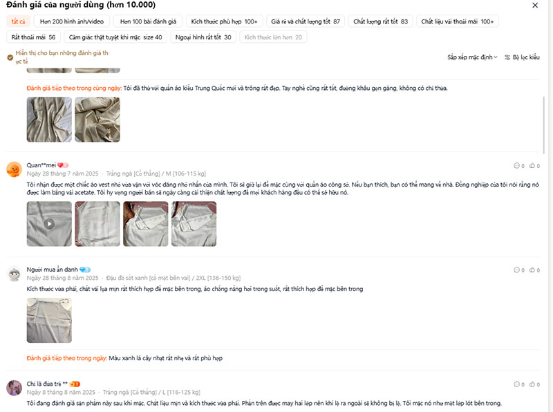 Xem phản hồi của các khách hàng order Taobao trước đó