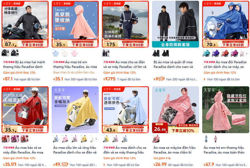 Link nhập áo mưa Trung Quốc giá rẻ trên Tmall, Taobao