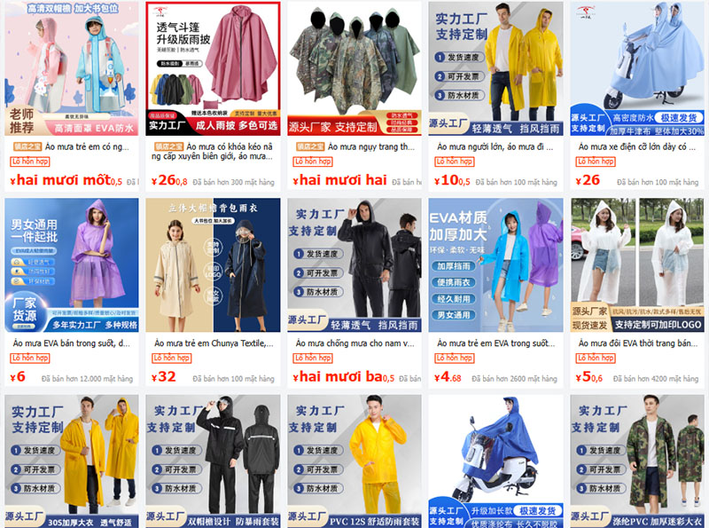 Link nhập áo mưa nội địa Trung Quốc giá tận xưởng trên 1688