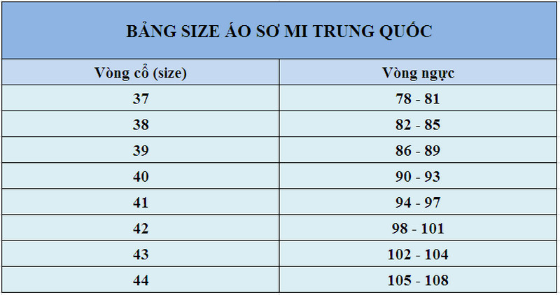 Bảng size áo sơ mi Trung Quốc nam đúng chuẩn