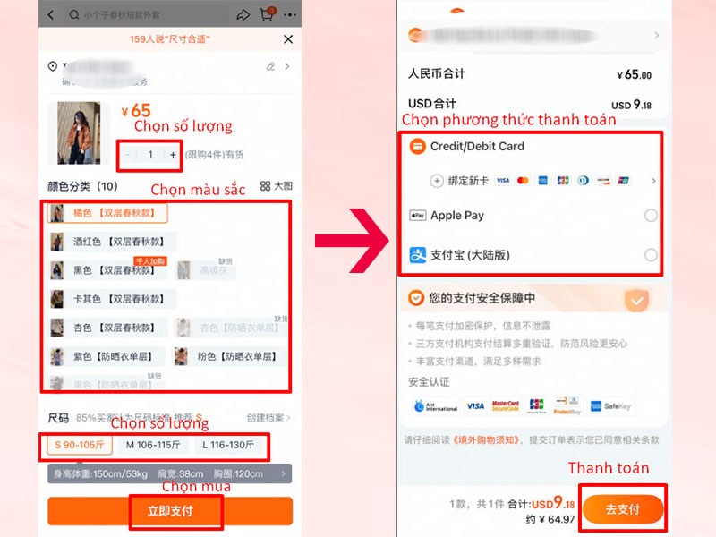 Lựa chọn đặt mua sản phẩm chi tiết và hoàn tất thanh toán