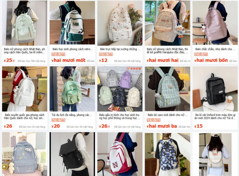 Link shop nhập balo nữ giá rẻ Trung Quốc trên trang 1688