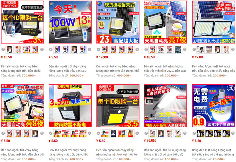 Link order đèn năng lượng mặt trời Trung Quốc uy tín giá tốt trên Taobao, Tmall